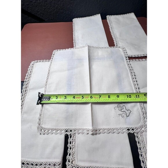 Vintage Handmade White Linen Embroidered 11 " Napkins Lace Trim Set of 6 - Picture 11 of 11